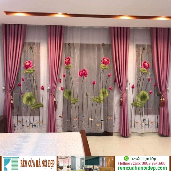Rèm Vải 2 lớp họa tiết bông sen